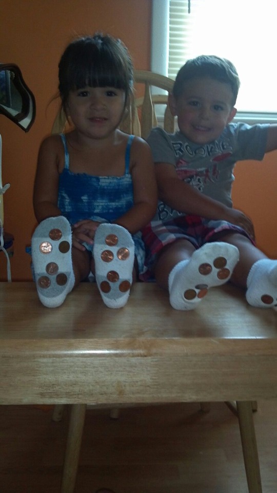 gluing pennies to shoes