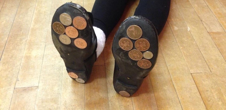 gluing pennies to shoes